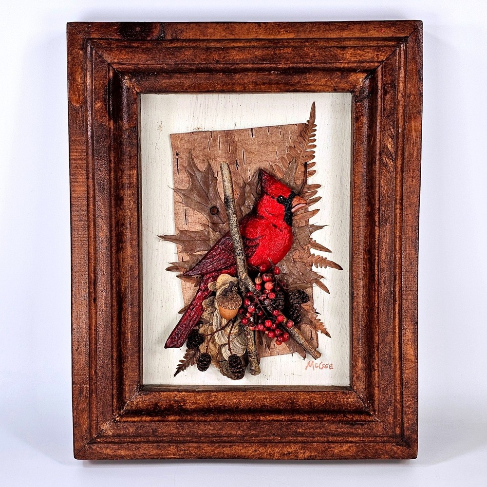 McGee Signed 3D Mixed Media Cardinal Bird Art Rustic Wood Frame Shadow Box